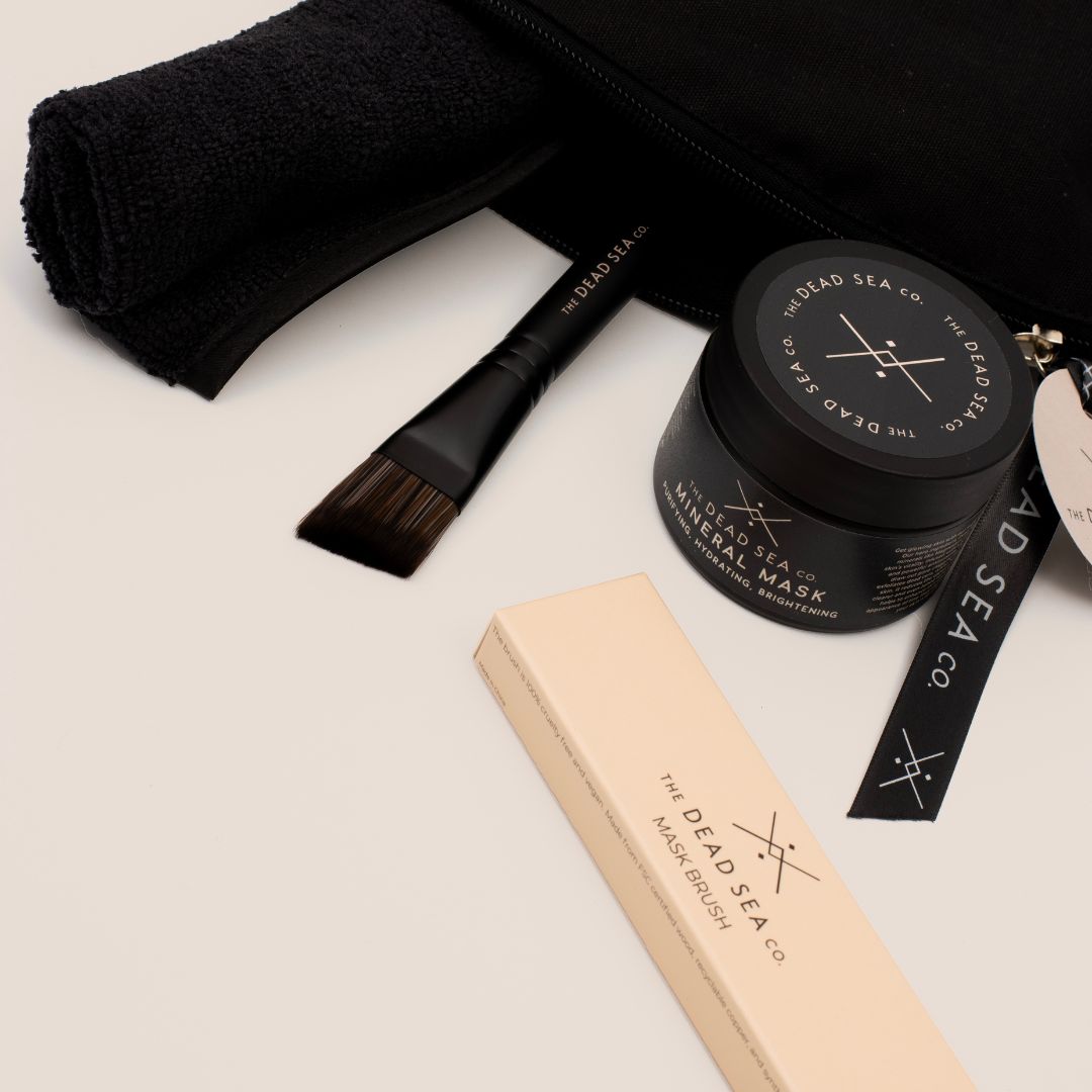 4-piece self-care ritual set featuring a 3-in-1 face mask, angled mask brush, black mitt, and reusable wash bag for an at-home spa experience.