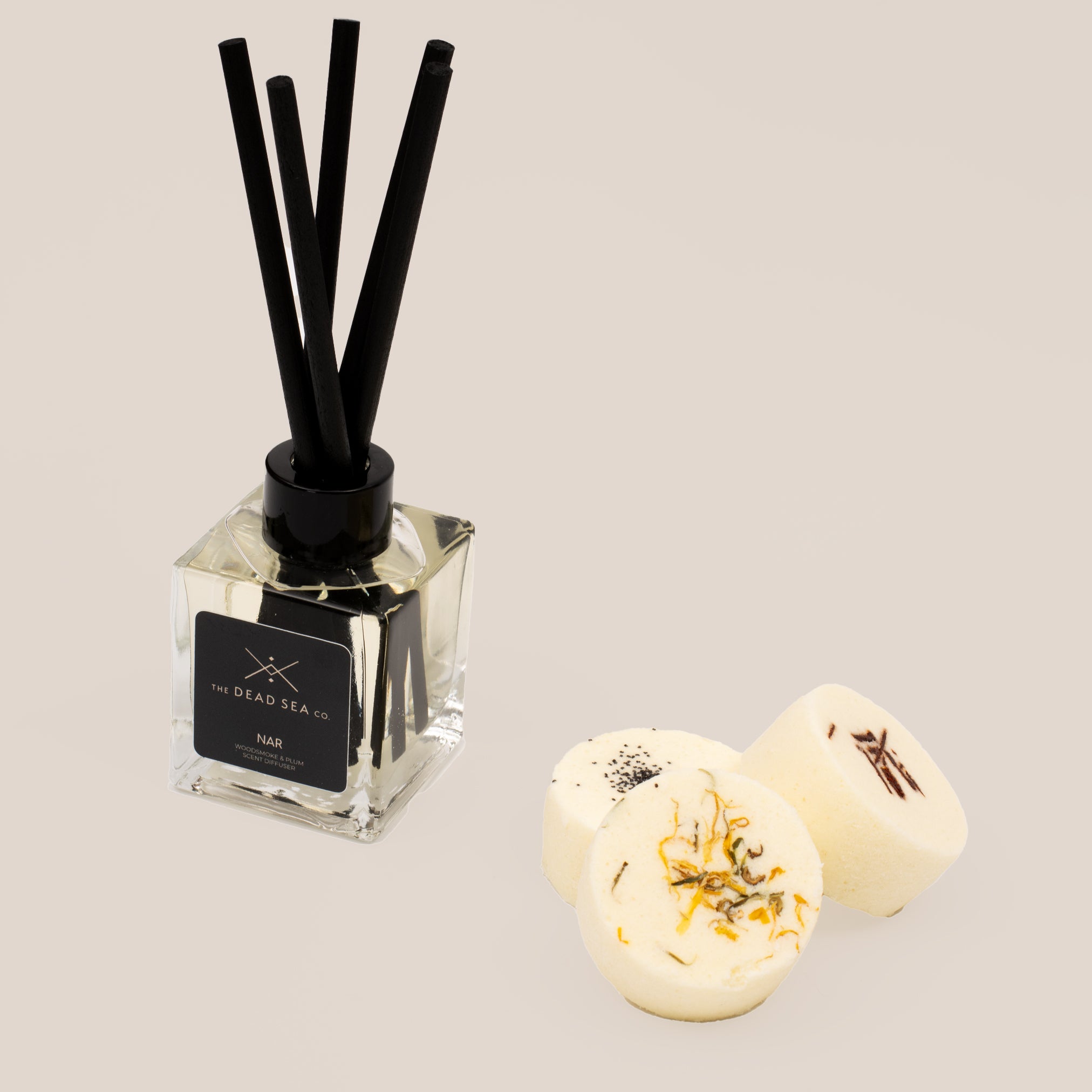 Limited Edition Hammam Sanctuary Set featuring a reed diffuser and aromatherapy shower steamers. Ideal for creating a spiritual, relaxing hammam-inspired spa experience at home.